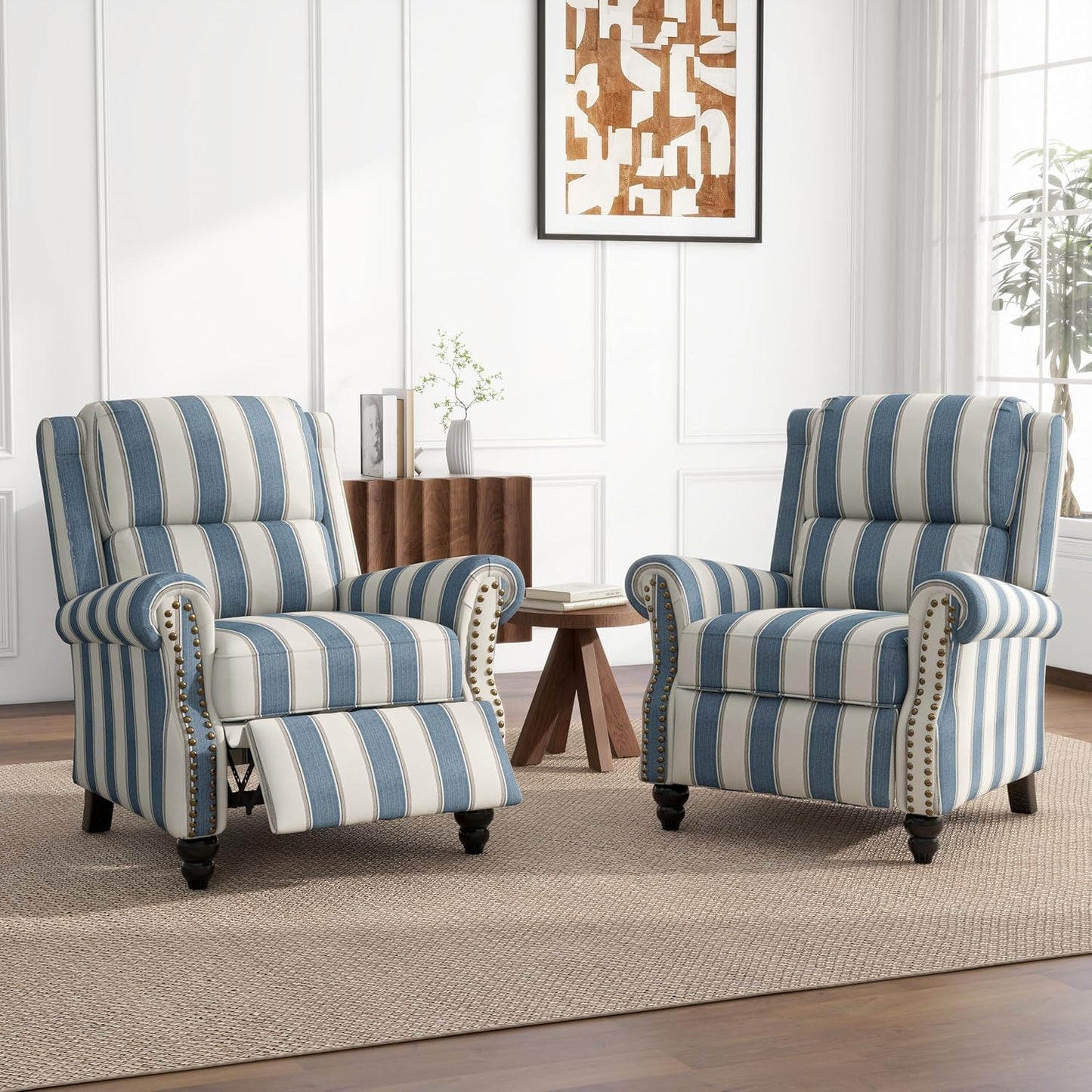 UIXE Pushback Recliner Chairs Set of 2, Fabric Overstuffed Armchair Push Back Accent Chair for Living Room, Rivet Trim Club Chair Home Theater Bedroom Side Reading Seats - Strip Navy