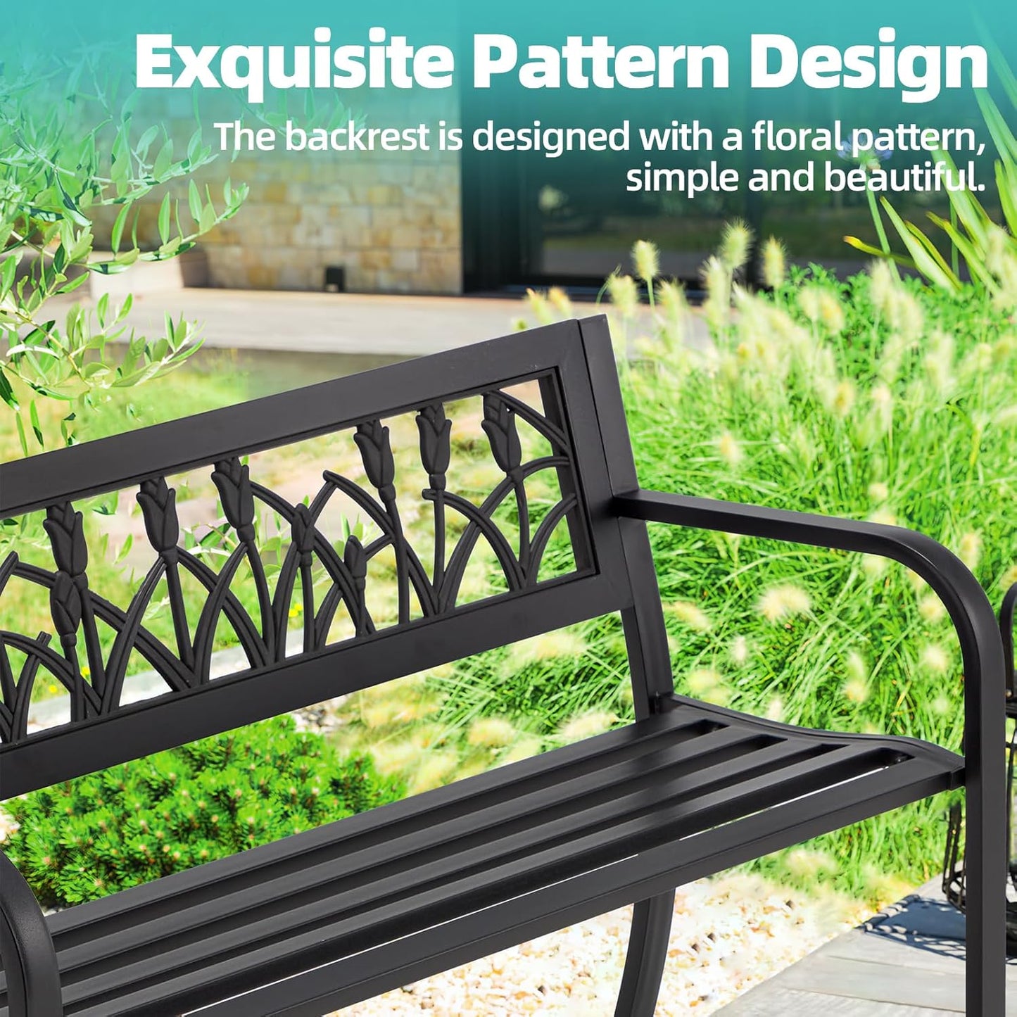 AVAWING Outdoor Bench, 2-Person Garden Benches for Outside, Metal Frame Patio Seating with Floral Pattern Backrest, Armrests for Lawn, Park, Porch, Entryway, Black