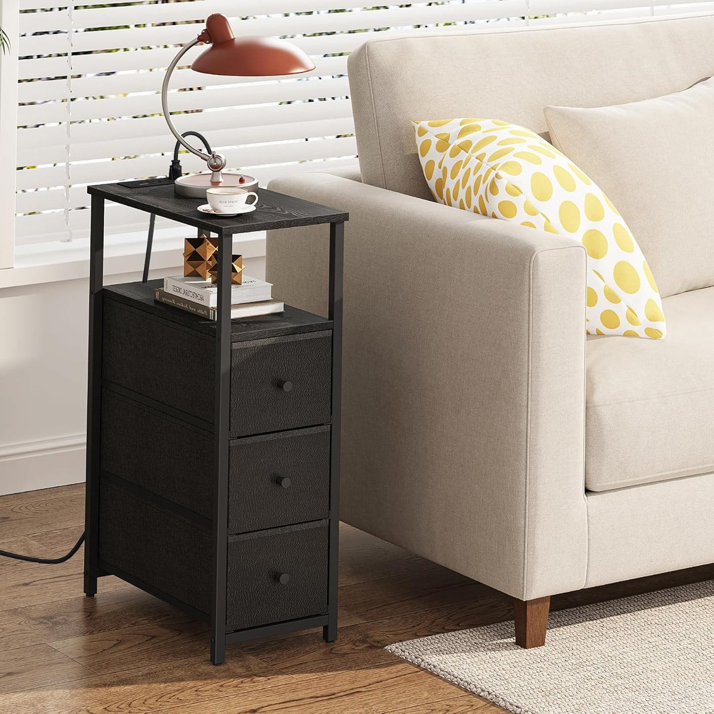TUTOTAK Narrow Night Stand with Charging Station, Slim End Table with Plugins, Tall Side Table with 3 Fabric Drawer, Small Bedside Table with Storage, Set of 2, Living Room, Bedroom, Black TB01BK073