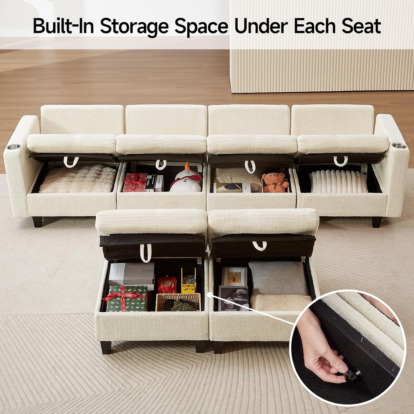 110" Modular Sectional Sofa, Convertible Sleeper Sofa Couch Bed with Adjustable Backrest, U-Shaped Chenille Cloud Couch with Ottoman Storage, Deep Seat Couches for Living Room,Beige