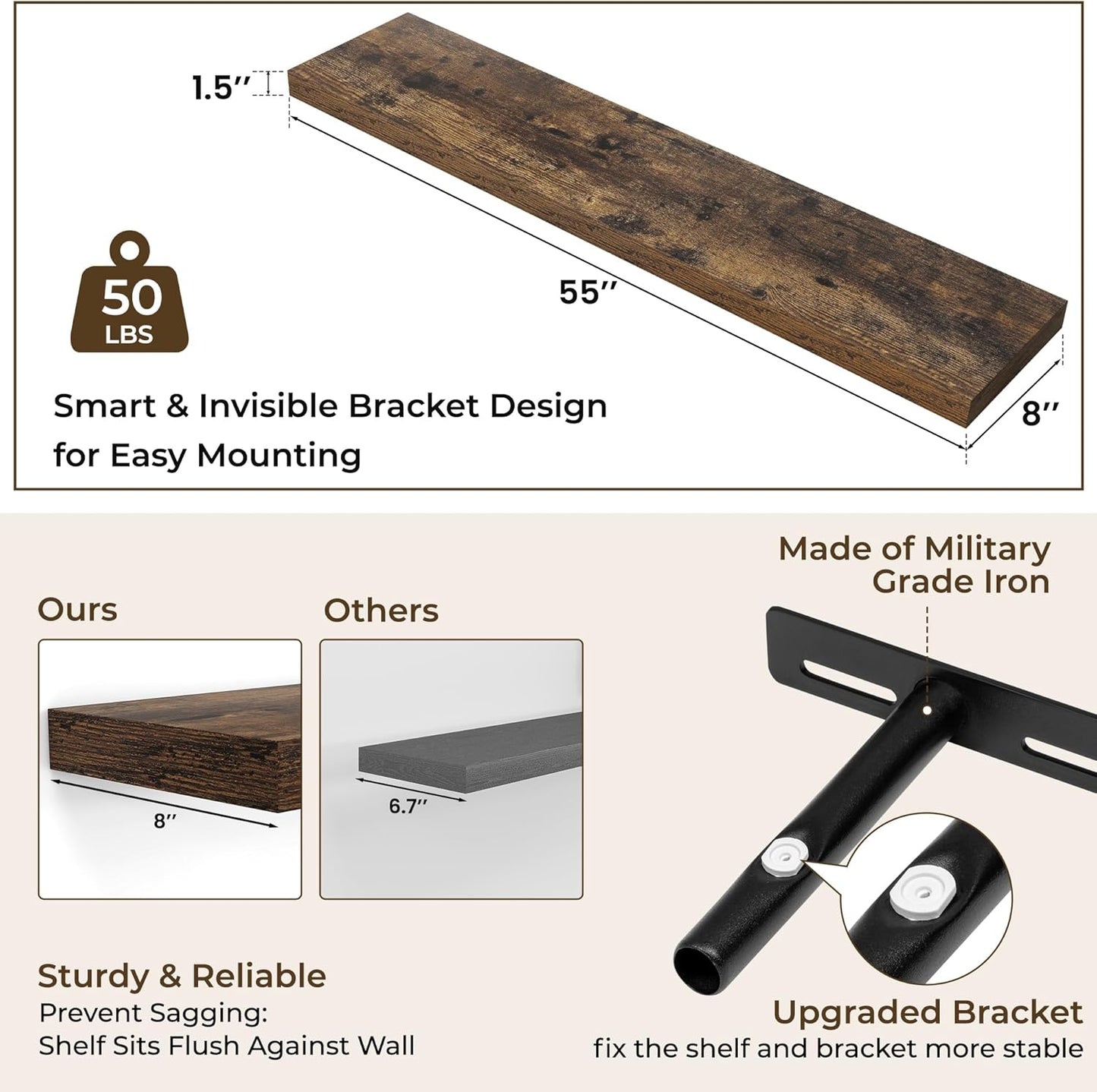 RICHFOCUS 55Inch Floating Shelves for Wall 2 Pack Shelves for Bedroom|Kitchen|Bathroom Wall Mounted Rustic Wood Floating Shelf with Invisible Brackets for Books|Storage|Decor, Rustic Brown