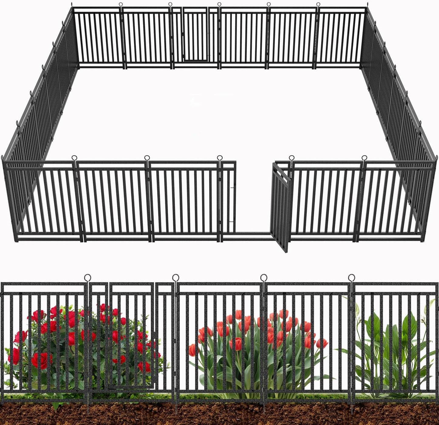 Decorative Garden Fence 54ft (L) × 40in (H), 21 Panels + 3 Gates, Metal Dog Fence Outdoor for Yard, Rust-Proof Animal Barrier Fencing for Patio & Flower Bed, Black-Silver