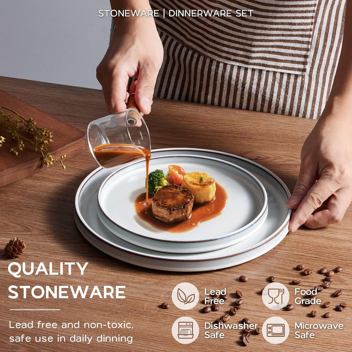 Onader Ceramic Dinnerware Sets for 6, Stoneware Plates and Bowls with Rustic Terracotta Bottom, Elegant Kitchen Dinner Dish Set, 18-Piece Dishware Tableware - Glacier White