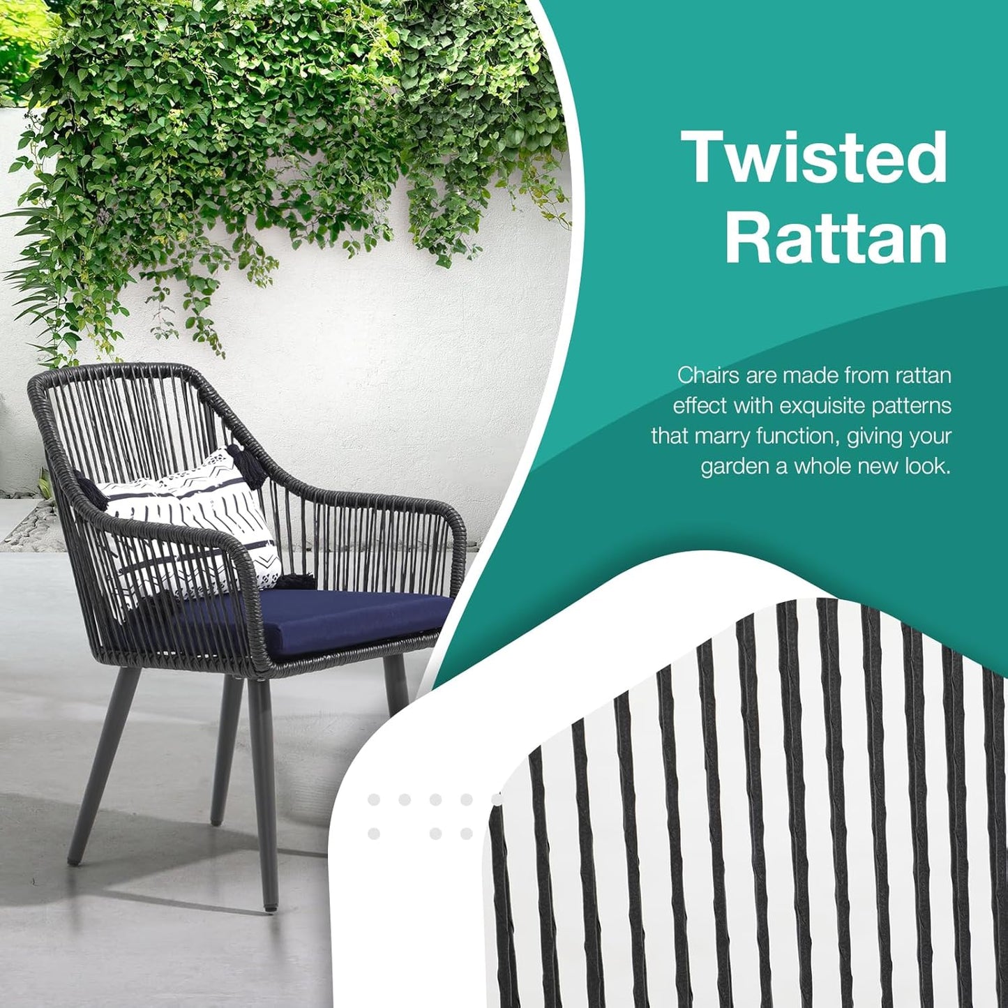 Patiorama Outdoor Dining Chairs, Patio Dining Chair Set of 4, All-Weather Woven Rope Rattan Chairs, Outdoor Dining Wicker Chair with Armrests for Indoor Balcony Pool Backyard(Blue)