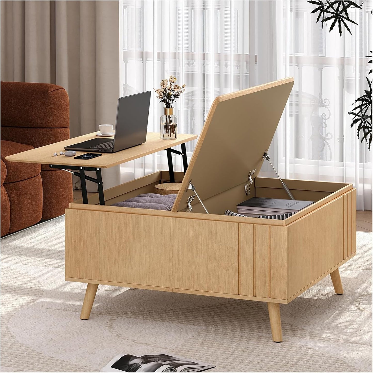 Lift Top Coffee Table with Storage,36" Large Square Coffee Tables for Living Room,Mid Century Modern Center Table for Home Office, Oak