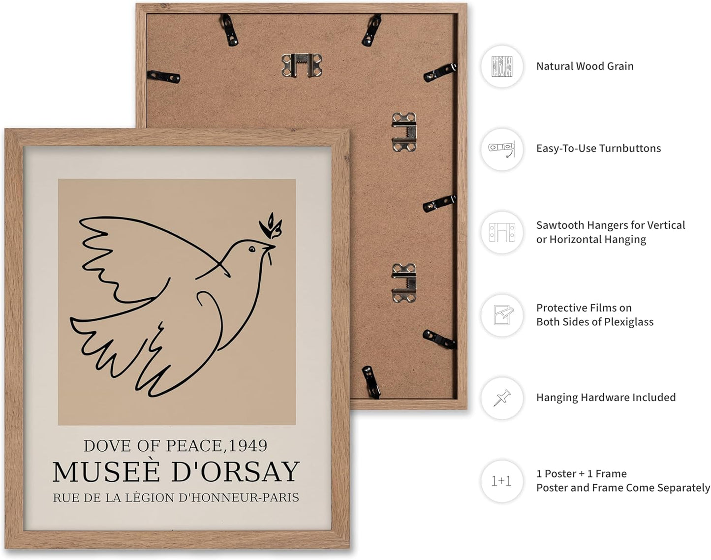 Poster Master Vintage Poster - Retro Minimalist Print - Gift for Artist, Friend - Dove Of Peace, Line Drawing, Sketch, Abstract - Wall Decor for Living Room, Bedroom, 8x10 Beige Framed