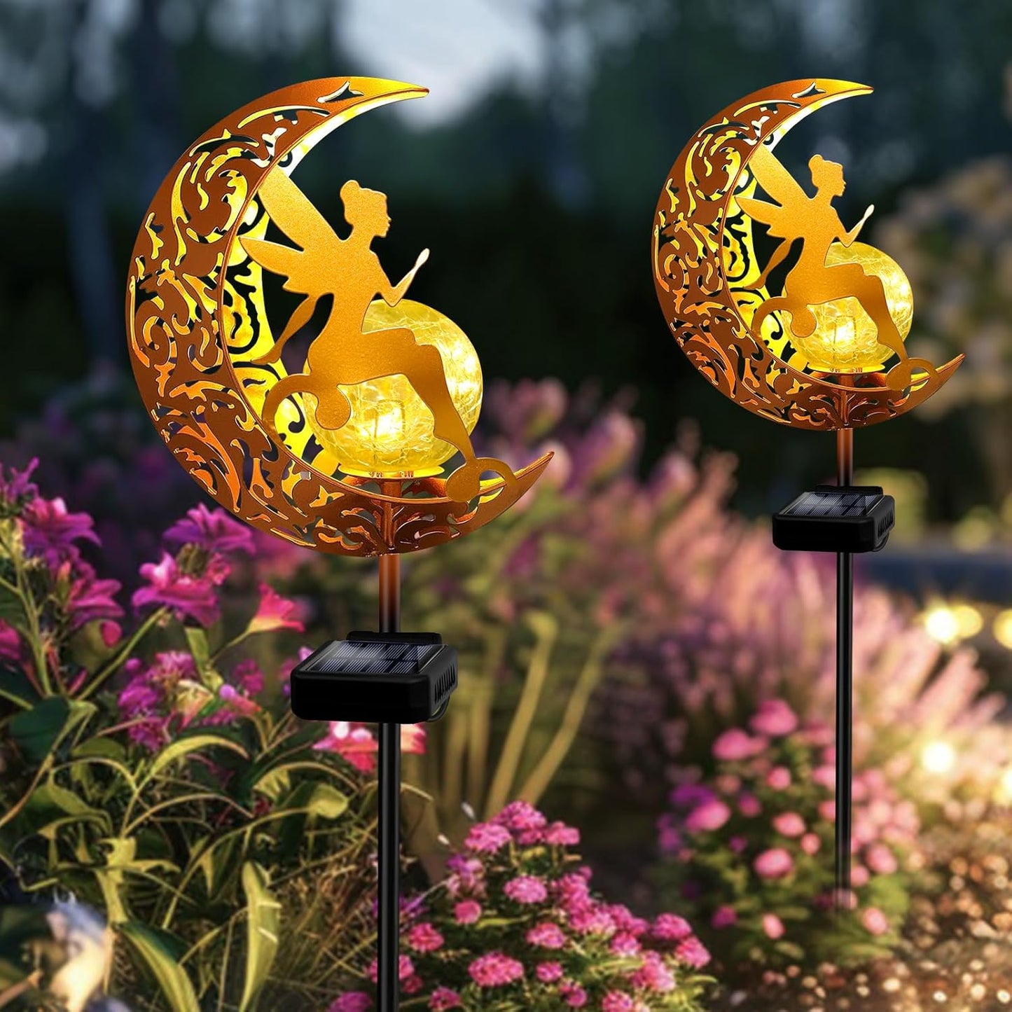 YJFWAL 2 Pack Garden Solar Lights Pathway Stake Lights Moon Fairy Glass Globe with Angel Decor, Gardening Birthday Gift for Mom Grandma Friends, Outdoor Decor Light Waterproof for Walkway, Yard, Patio