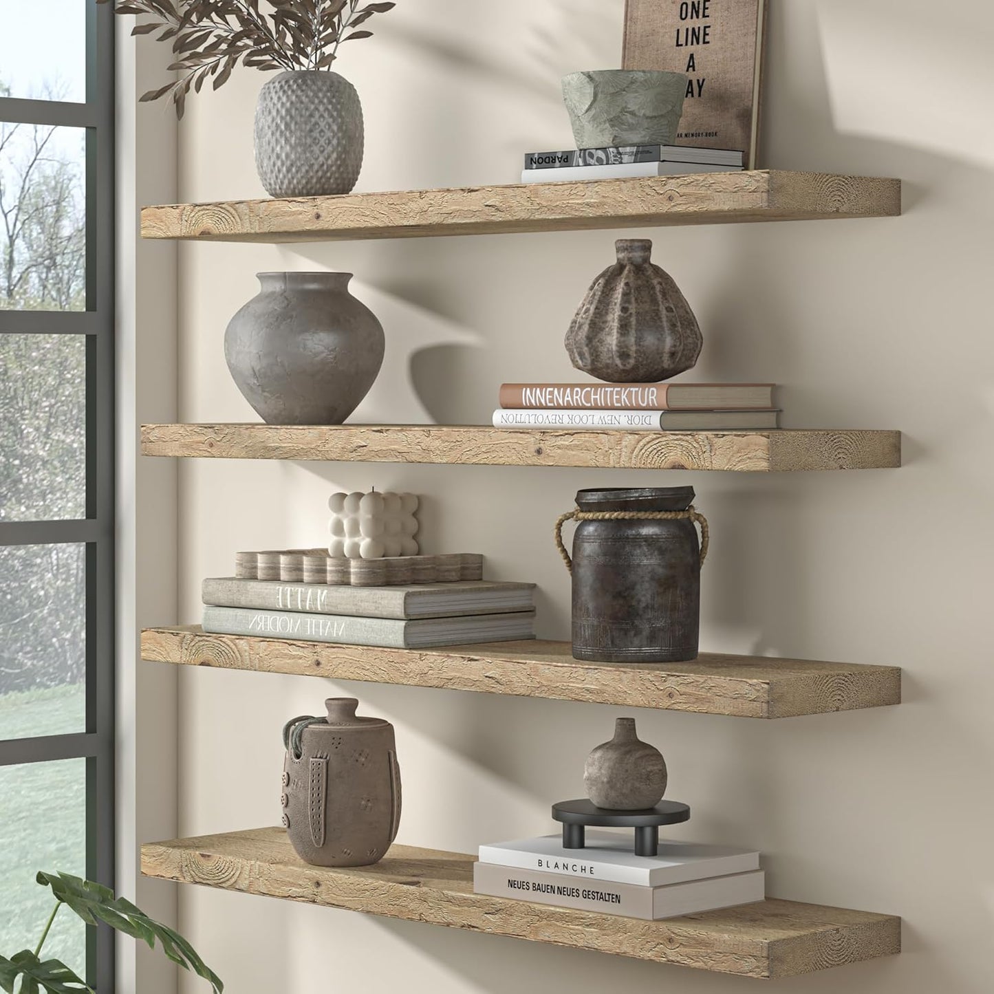 Fun Memories Floating Shelves for Wall Decor, 48"x8" Rustic Reclaimed Wood Shelves, Heavy-Duty Wall Mounted Shelves with Invisible Brackets for Living Room, Bedroom, Kitchen, Natural Finish, Set of 2