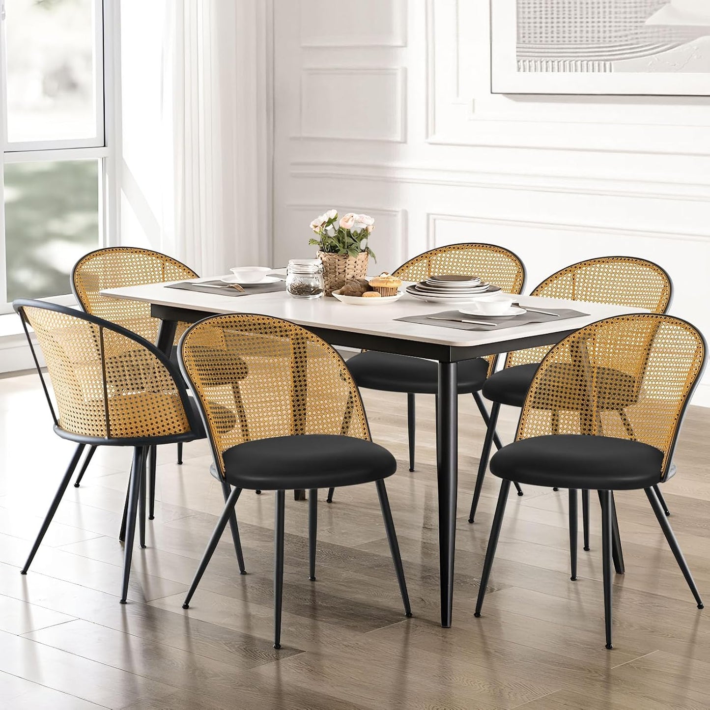 Dining Chairs Set of 6, Mid Century Modern Dining Room Chairs with Rattan Back, Faux Leather Kitchen Dining Chairs Farmhouse Armless Mesh Cane Back Side Chairs with Metal Legs, Black