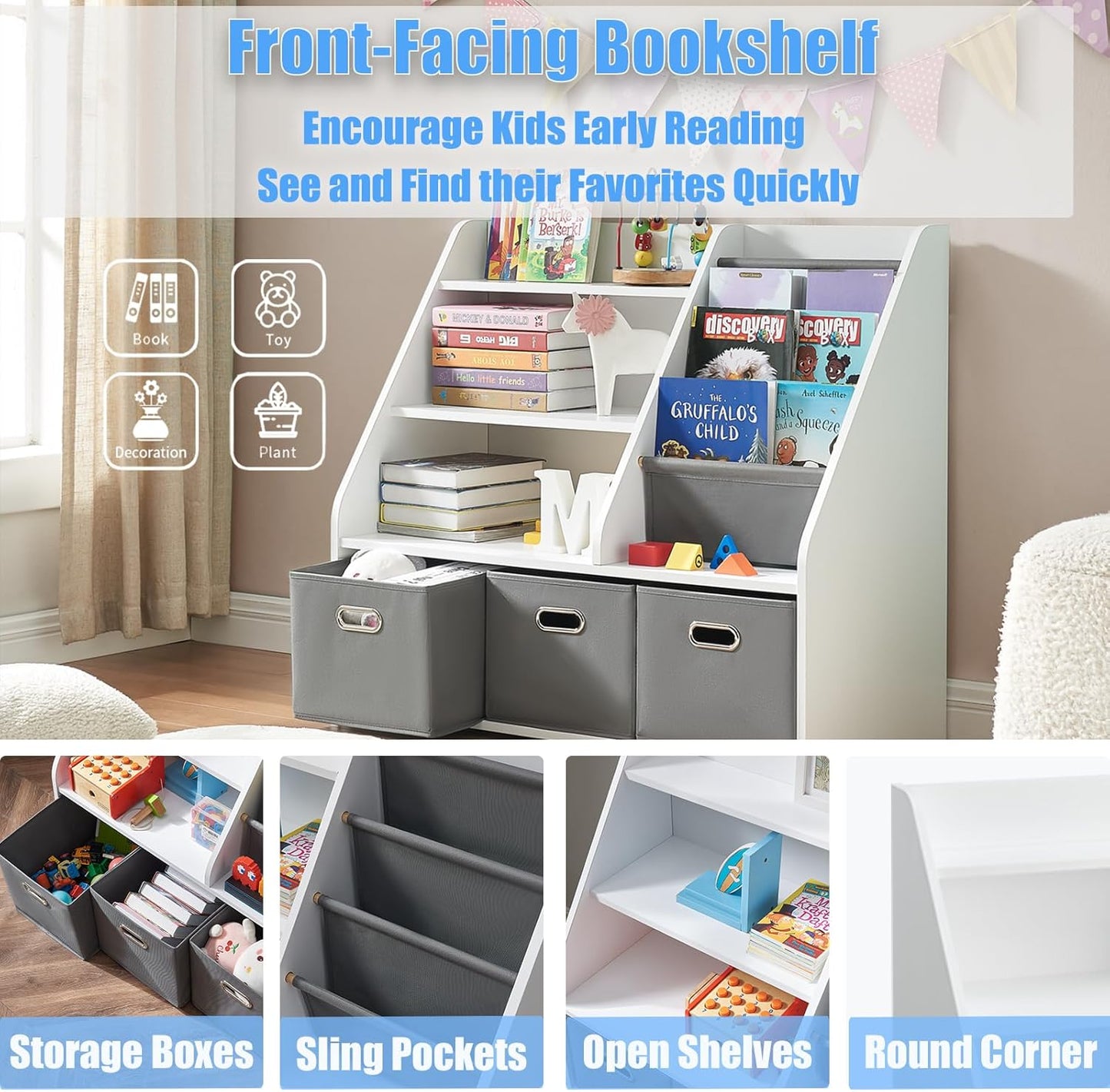 Wood Kids Bookshelf, Toy Organizer with Bookshelf, Montessori Toy Shelf W/Sling Rack & Fabric Toy Bins, Toy Storage Organizer for Toddler Children, Wooden Book Shelf for Kids Room Playroom