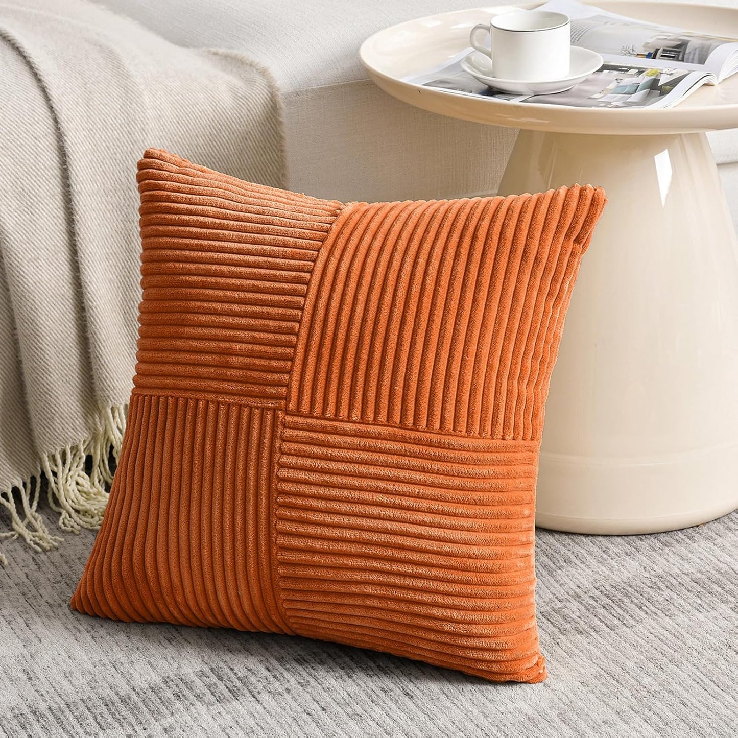 Fancy Homi 2 Packs Burnt Orange Decorative Throw Pillow Covers 22x22 Inch for Living Room Couch Bed, Rustic Farmhouse Boho Home Decor, Soft Corss Corduroy Patchwork Accent Square Cushion Case 55x55 cm