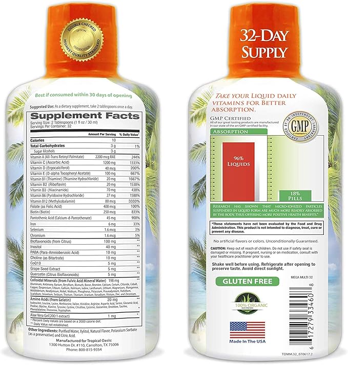Mega Premium Liquid Multivitamin 1333% Vitamin 200% D3, D3, Zinc 20 Vitamins, 70 Minerals, 21 Amino 98% Absorption 32 Serv