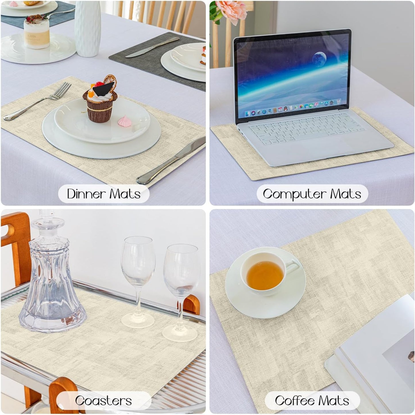 Romanstile Reversible Vinyl Placemats Set of 6, Faux Leather 100% Waterproof Oil-Proof Wipeable Place Mats, Heat Resistant Dual Sided Table Mats for Kitchen/Dining/Party (Grey Beige, 12 x 17 Inch)