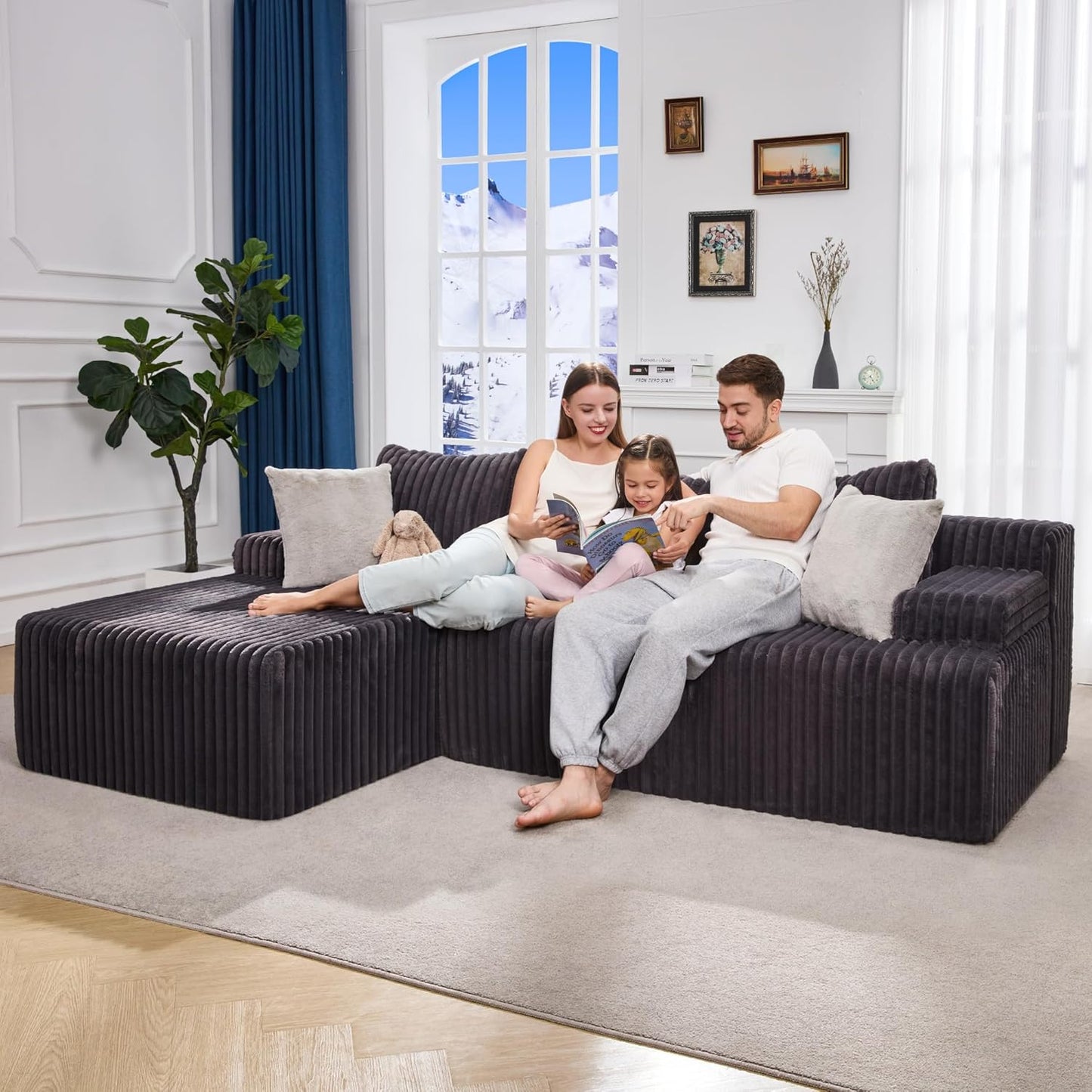 Hobestluk 96“ Modular Sectional Sofa Couches L-Shape Couch 3 Seat Modular Sofa Memory Foam Sectional Couches for Living Room, Cloud Couch with Oversized Chaise (Grey, Stripe (Left Facing Chaise))