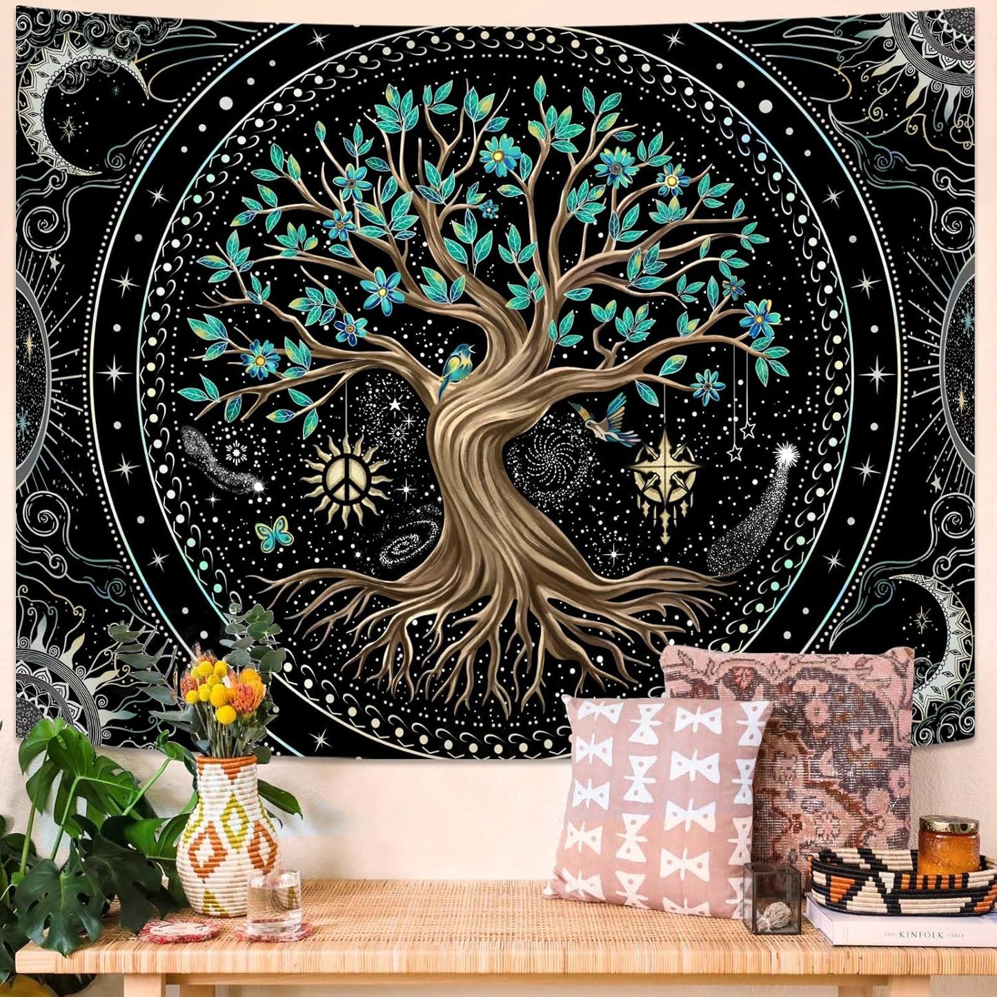 Lunerfex Tree of Life Tapastry Butterfly Moon Tapastry Flower Green Tree Tapestries Mandala Wall Hanging for Bedroom and Living Room Decor 60×80 Inches
