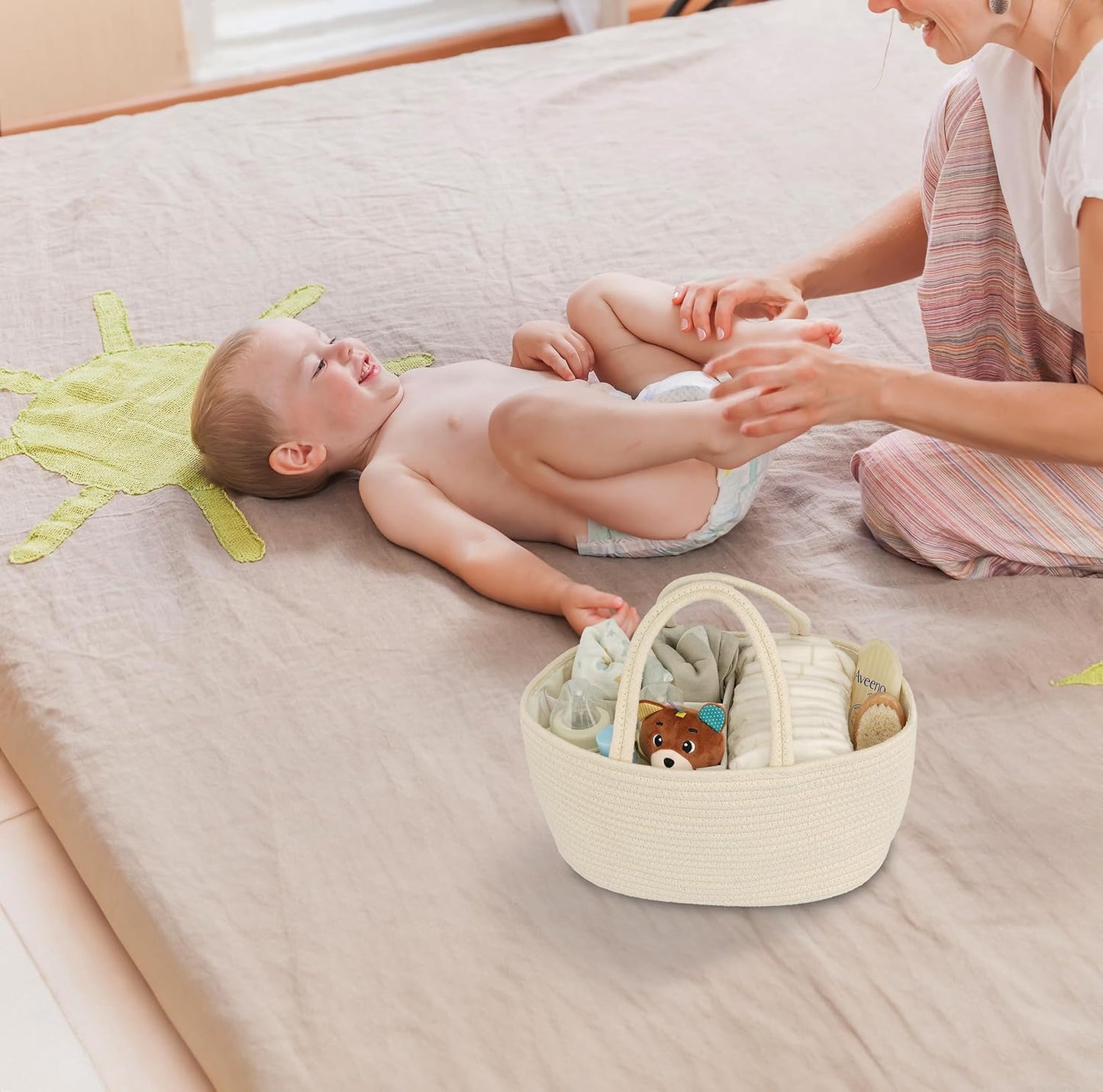 Diaper Caddy Organizer Cotton Rope Baby Basket Nursery Storage and Portable Tote Bag for Car Ideal Baby Shower Gifts and Registry Must-Have for Newborn Essentials beige