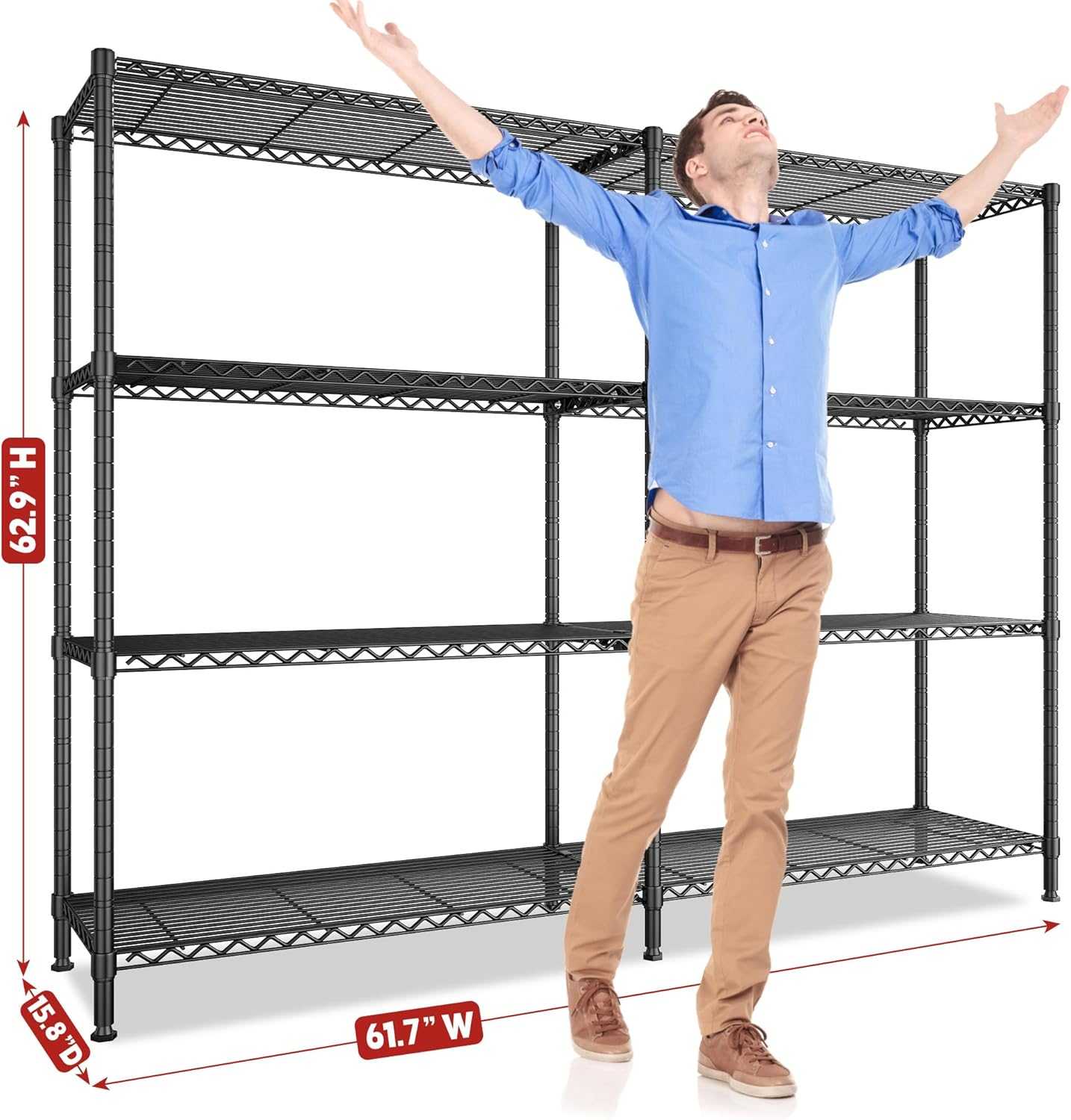 REIBII 61.7''W Storage Shelves Load 1220LBS Wire Shelving Unit 4 Tier Metal Shelving for Storage Rack Shelves Heavy Duty Garage Shelf Pantry Shelves Kitchen Shelving, 61.7" W*62.9" H*15.8" D, Black