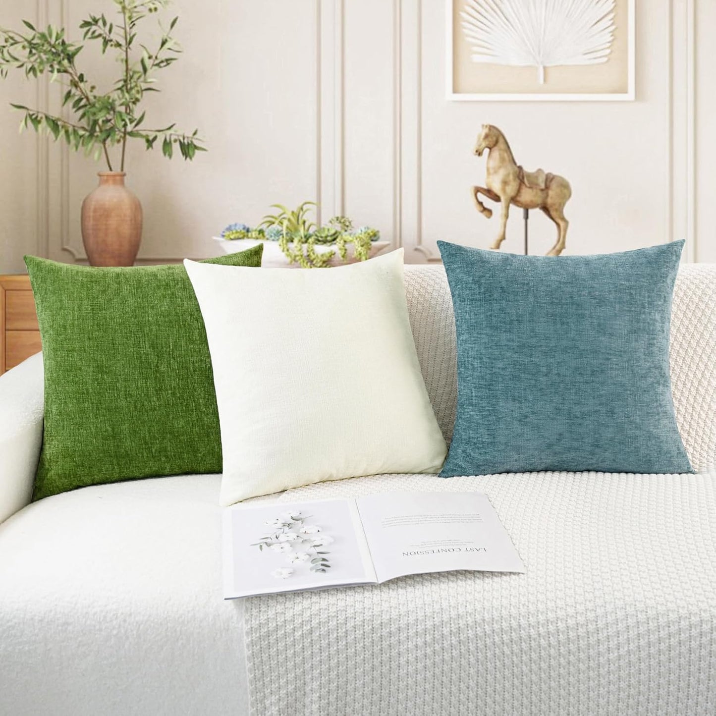 CaliTime Throw Pillow Covers Decorative 16 X 16 Inches Pack of 2 Cozy Chenille Cushion Case for Couch Sofa Bed Living Room Home Cream