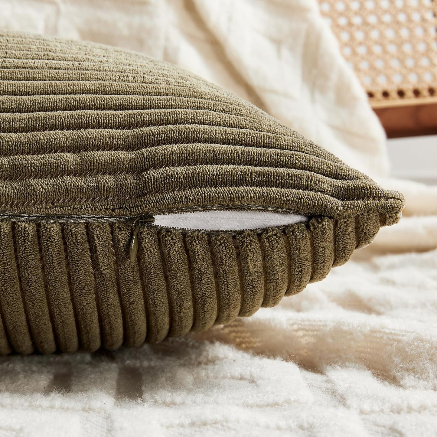 Fancy Homi 2 Packs Olive Green Decorative Throw Pillow Covers 22x22 Inch for Living Room Couch Bed Sofa, Rustic Farmhouse Boho Home Decor, Soft Corss Corduroy Patchwork Accent Cushion Case 55x55 cm