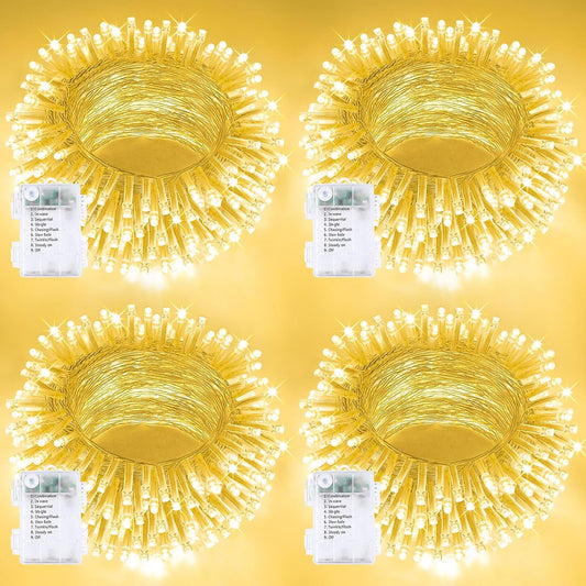 4 Pack String Lights Battery Operated with Timer, 132FT 400 LED Waterproof Battery Twinkle Lights, 8 Modes Fairy Light for Indoor Outdoor Party Bedroom Garland Tree Christmas Decorations (Warm White)