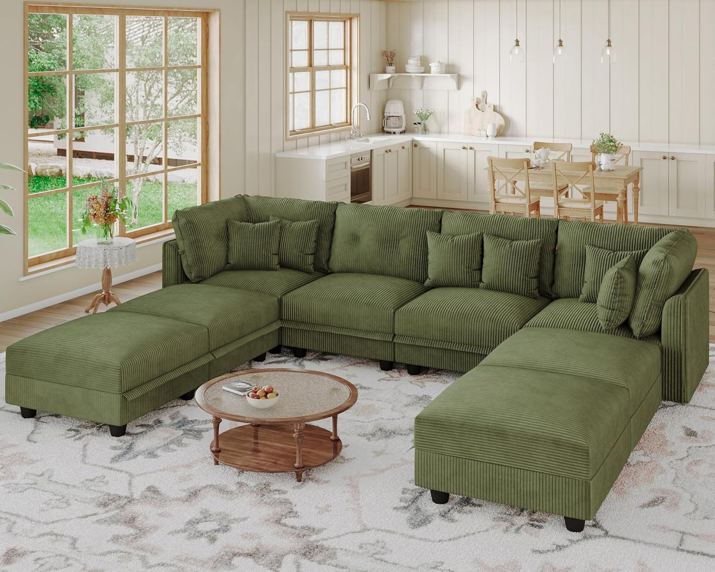 LLappuil Modular Sectional Sofa with Storage Seats, Corduroy Convertible Modular U Shaped Sectional Couch for Living Room, 8 Seat Oversized Sofa with 6 Back Cushion 6 Throw Pillow, Green