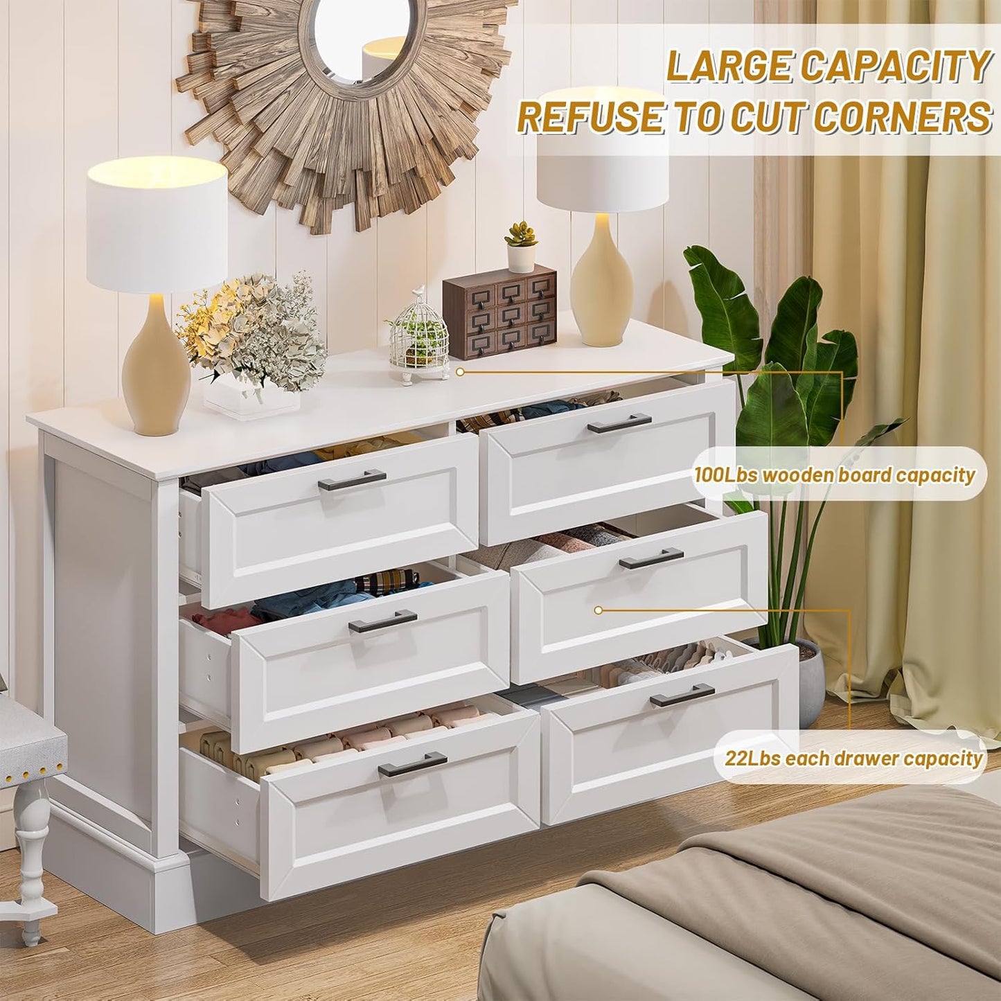 White Dresser for Bedroom with 6 Drawer, Bedroom Furniture Organizer Storage, Wood Double Dresser & Chest of Drawers, Modern Farmhouse Style, Dressers for Closet, Living Room 30” Tall