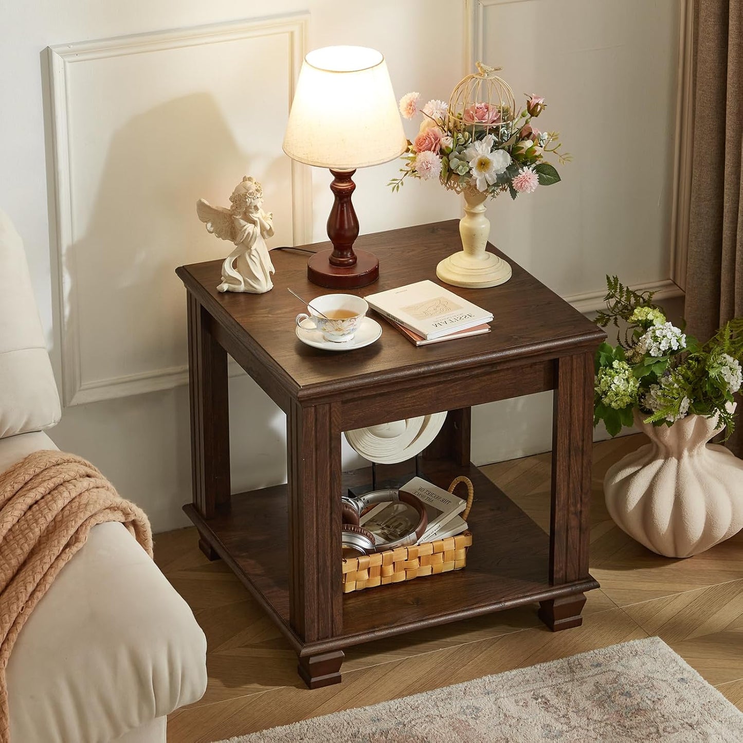 Farmhouse End Table Set of 2,Large Side Table with 2-Tier Storage Shelf,Rustic Brown End Tables for Living Room,Square Tea Table,Walnut