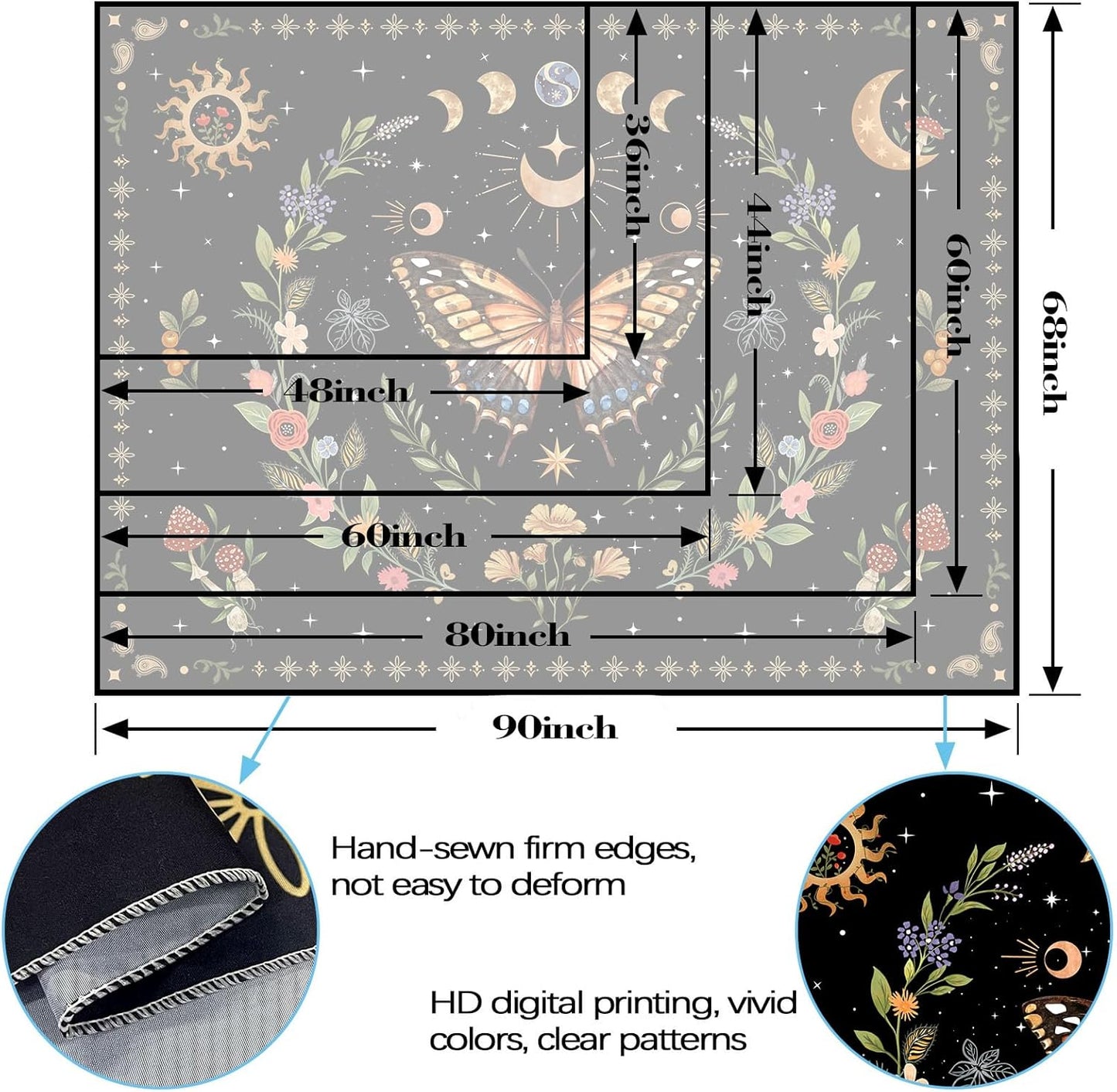 Lunerfex Boho Butterfly Tapestry Flower Moon Wall Tapestry, Moon Phases Tapestries for Bedroom Cute Tapestries Wall Hanging for Bedroom Living Room Decor Butterfly-1 60"x80"