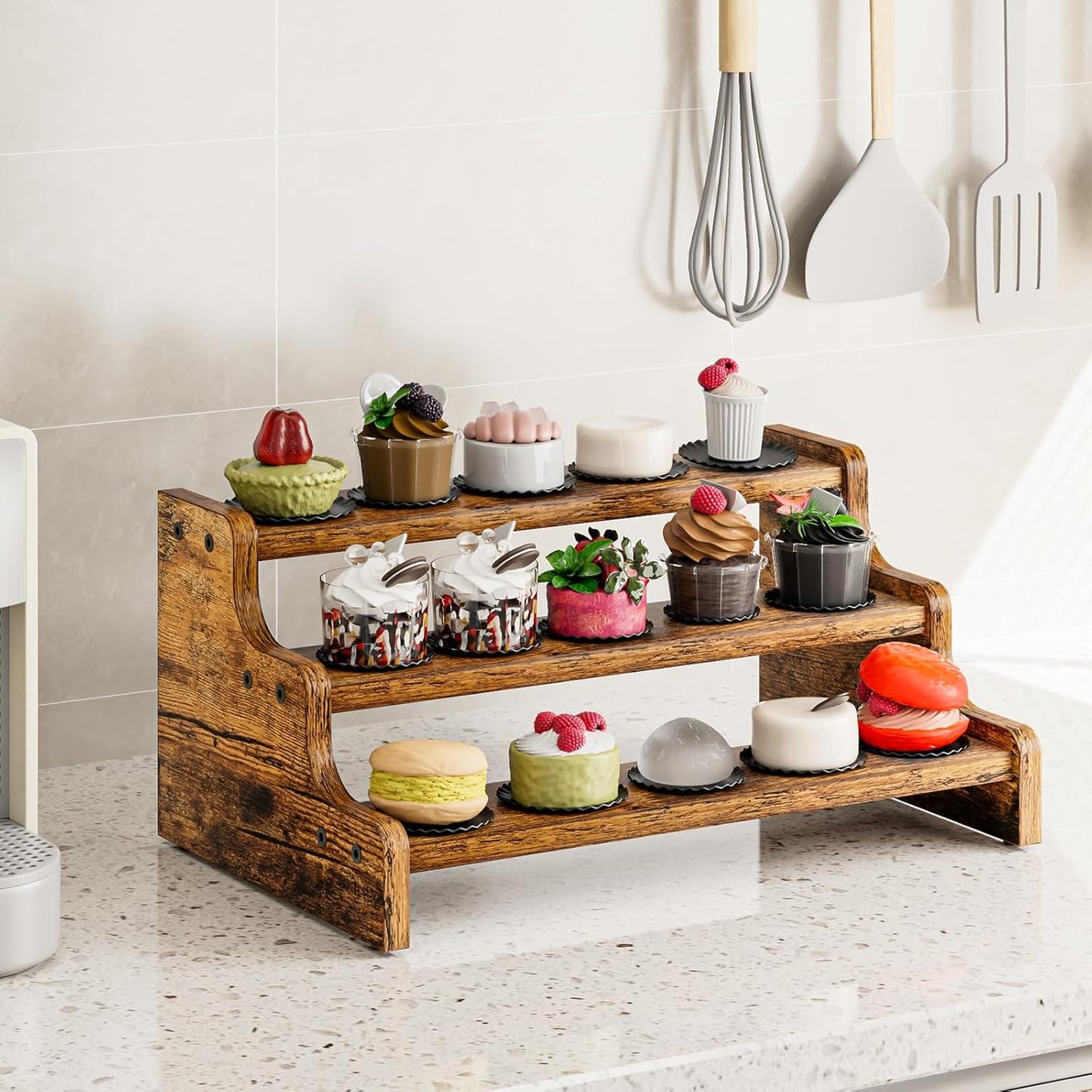 KLM 3-Tier Spice Rack, 13.8 Inch Wood Step Shelf Countertop Spice Storage Holder, Kitchen Pantry Cabinet Organizer Cupboard for Spice Bottles, Jars, Seasonings, Baking Supplies,Bathroom Organizer