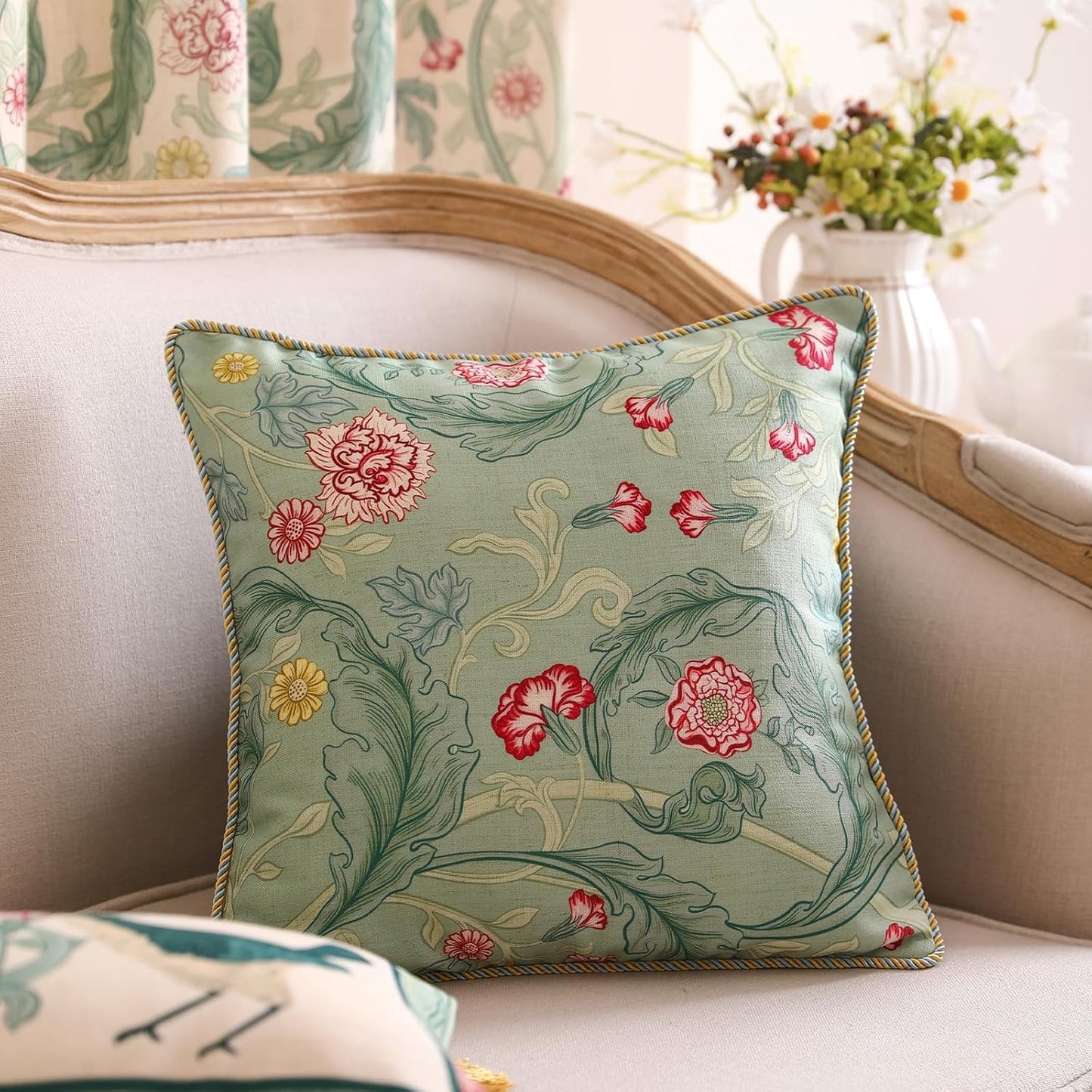 patdrea Designer Pack of 4 Throw Pillow Covers,French Vintage Rustic Linen with Green Floral Pattern Pillows Cover,Decorative Lumbar Square Pillowcases Cushion for Bed Living Room Outdoor Car