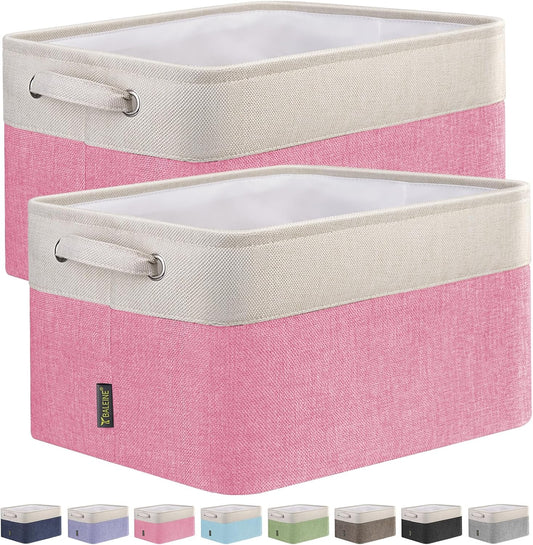 BALEINE 2 Pack Fabric Storage Bins for Shelves, Linen Storage Baskets for Organizing, Decorative Closet Bins for Clothes, Home (Pink, 12"x8"x8")