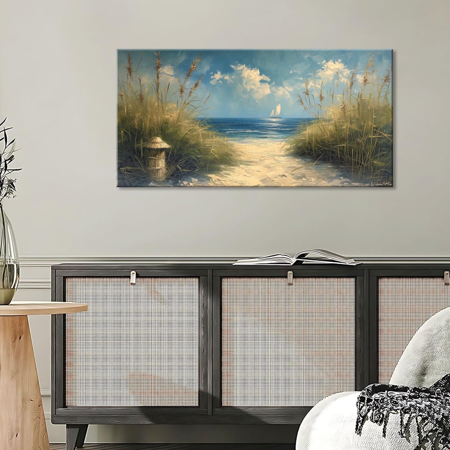 LASMOND Beautiful White Sandy Beach by Seaside Landscape Wall Art Decor Artwork for Bedroom Living Room (58x28Inches)