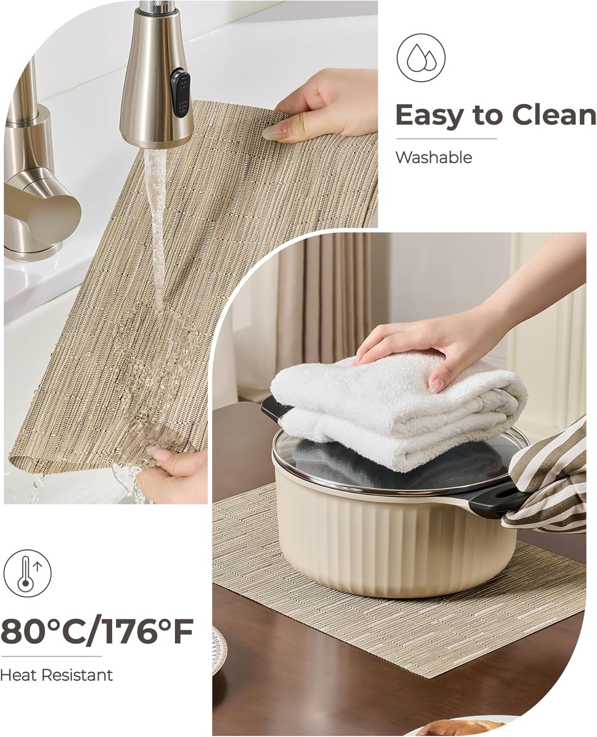 Leetaltree Light Brown Placemats Set of 4 - Heat Resistant Non-Slip Place mats for Dining Table, Washable Durable PVC Vinyl Woven Table Mats（Light Brown, 4）