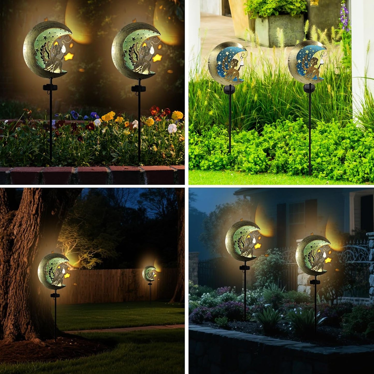 Solar Angel Moon Garden Stake Light – Outdoor Metal Yard Decoration with Crystal Pendant, Waterproof LED Light for Patio, Pathway, Lawn – Rustic Gold & Blue