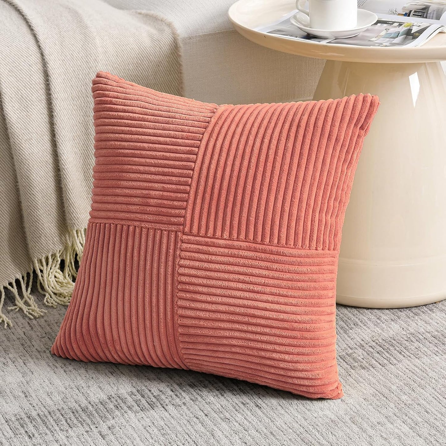 Fancy Homi 2 Packs Coral Euro Decorative Throw Pillow Covers 26x26 Inch for Living Room Couch Bed, Farmhouse Boho Home Decor, Soft Corss Corduroy Patchwork Textured Square Peach Cushion Case 66x66 cm