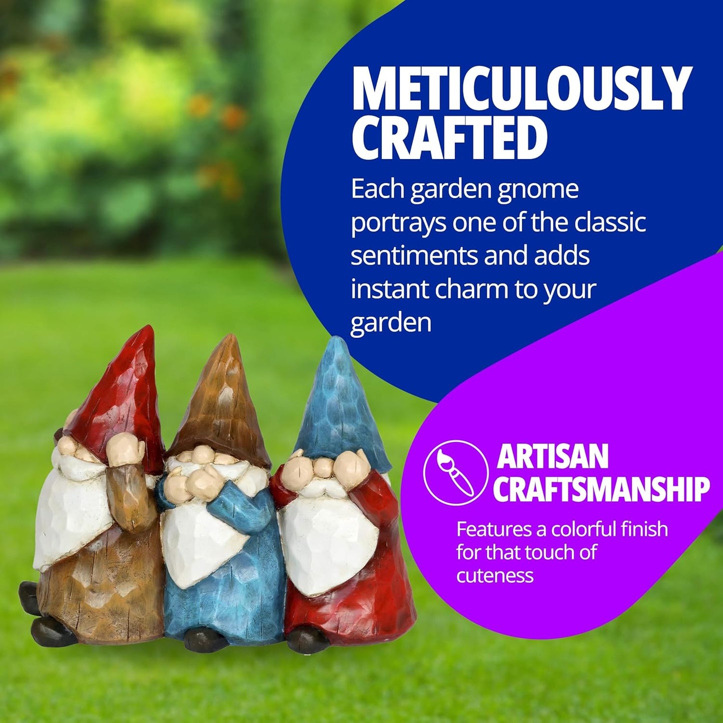 Exhart Garden Gnomes, See No, Hear No, Speak No Evil Garden Gnome Statue, Hand Painted Outdoor Garden Decorations, 12 x 9 Inch