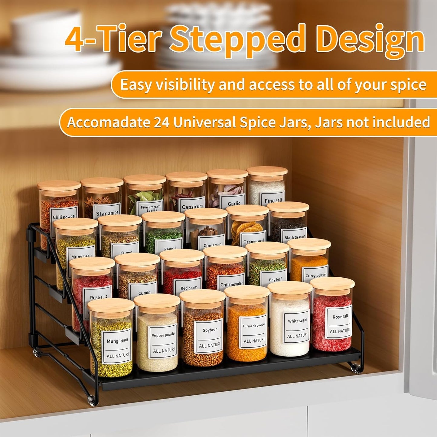 RCHYFEED Spice Rack Organizer for Cabinet Pantry,4 Tier Spice Rack Countertop, Depth Adjustable Spice Organization for Cabinet,Tierd Seasoning Organizer for Cabinet(Black, 1Pack)