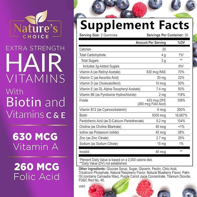 Hair Vitamins Gummies with Biotin 5000 60 Gummy