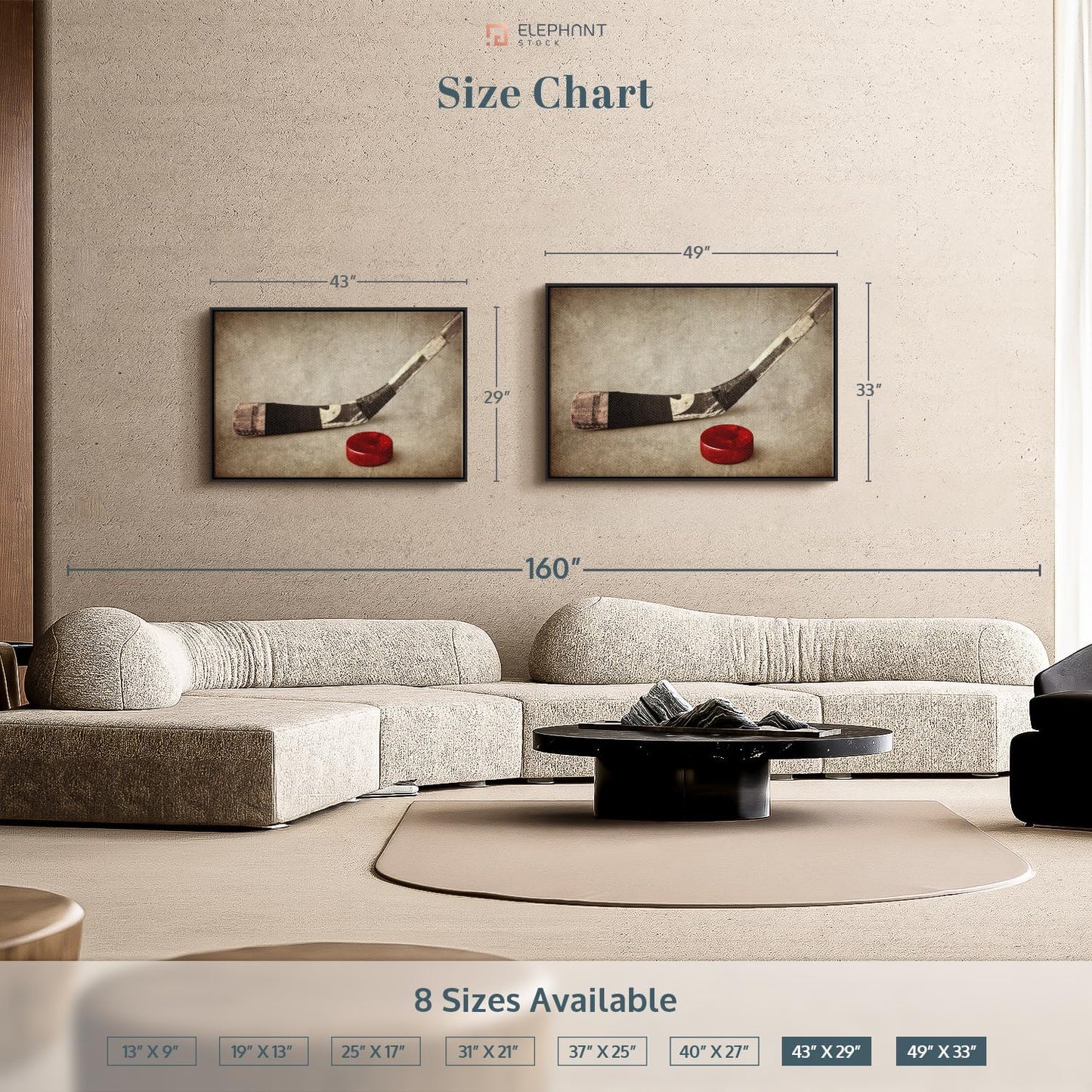 Elephant Stock Vintage Ice Hockey Wall Art - Horizontal Framed Canvas - 1-Piece Hallway Wall Decor - Photography Sports Canvas Print - Brown and Beige Decor for Wall - 43" X 29"