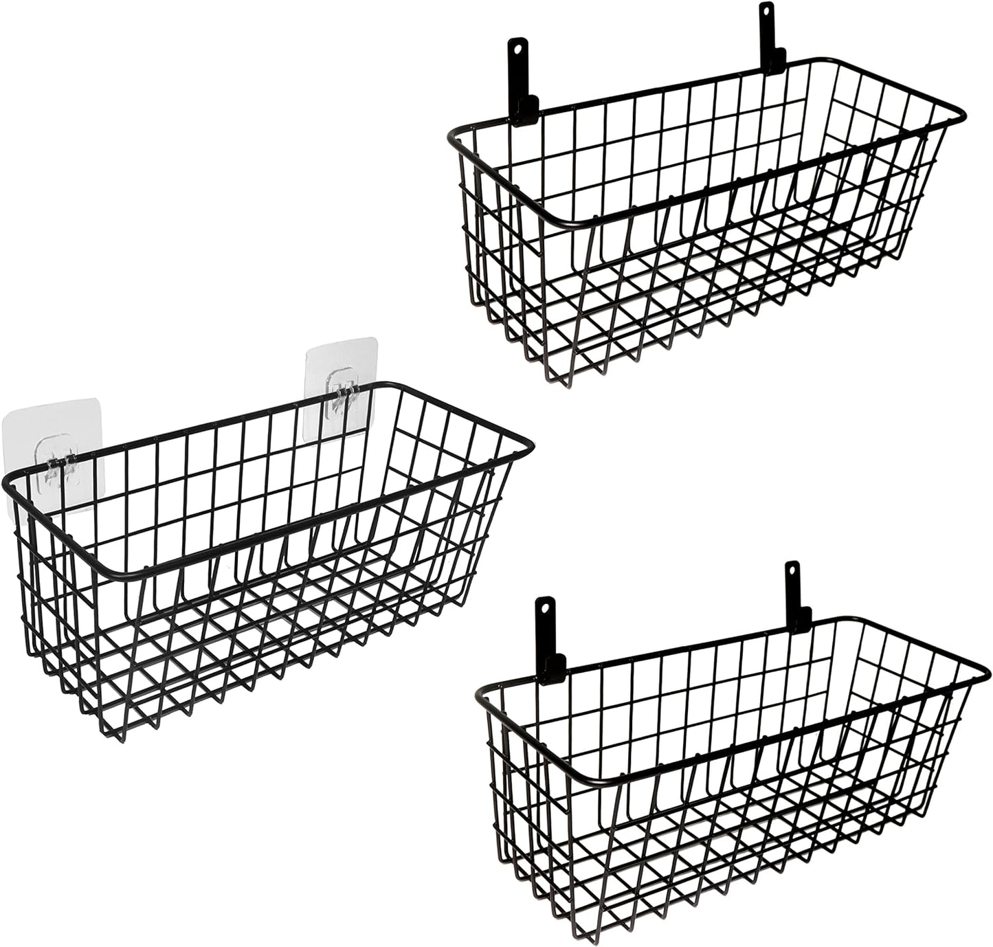 Joben Oligey 3 Set Hanging Wire Baskets ,Wall Mount Fruit Basket,No Drilling,Adhesive Small Metal Basket,Farmhouse Food Storage Mesh Bin Kitchen Pantry Laundry Bathroom Closet Garage RV ,Black