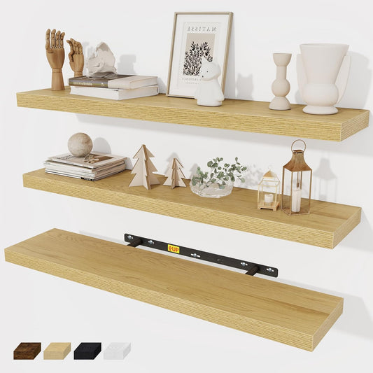 Fun Memories 32 Inch Floating Shelves Wall Shelf Set of 3, Rustic Farmhouse Home Decor Kitchen Living Room Shelves Wall Mounted, 32 x 6.7 x 1.4 Inch, Oak Color
