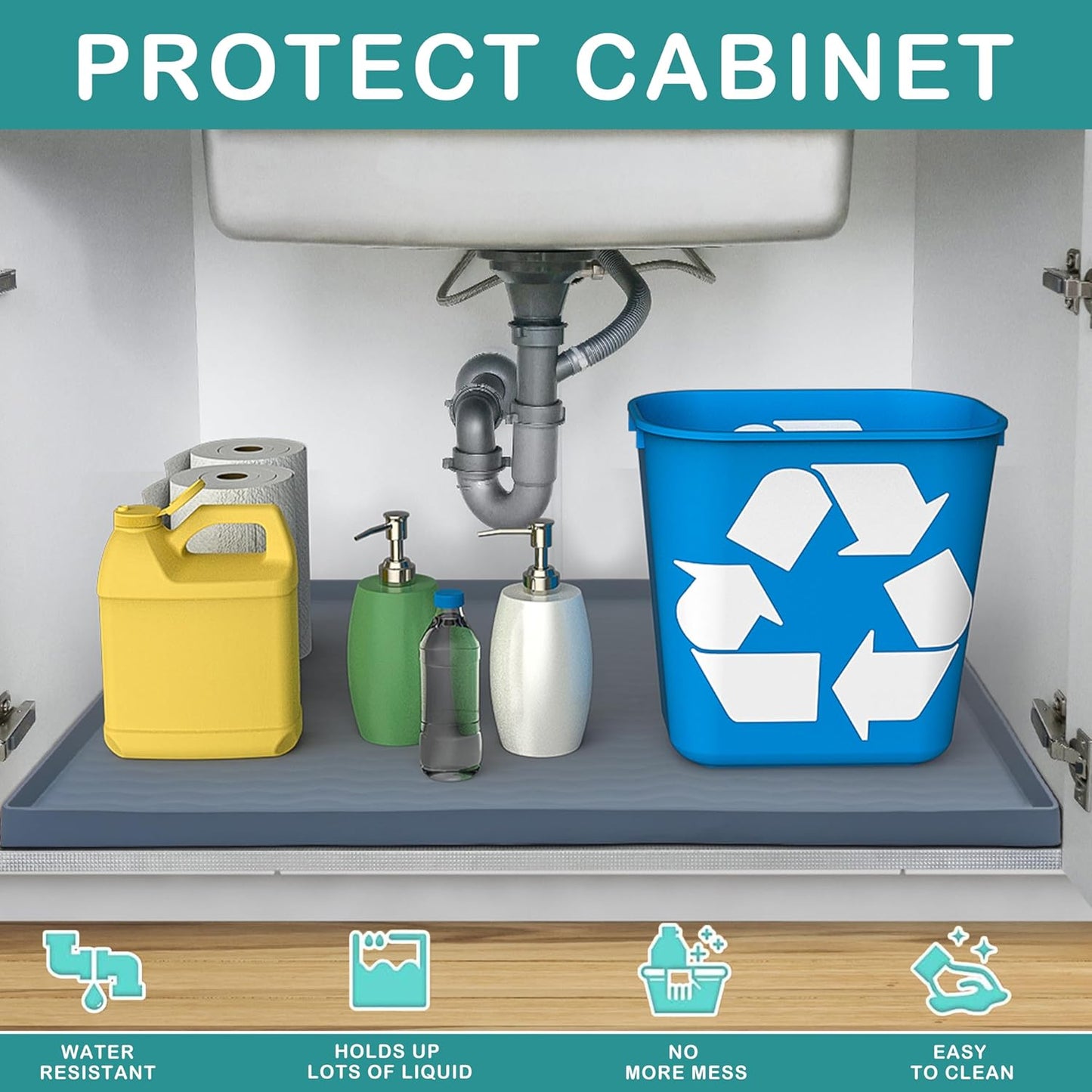 URMONA Waterproof Silicone Under Sink Mat 37'' x 22'' Shelf Liner for Kitchen and Bathroom, Cabinet and Counter Protector, Storage and Organizers, Litter Mat, Pet Cat Puppy Essentials(Black)