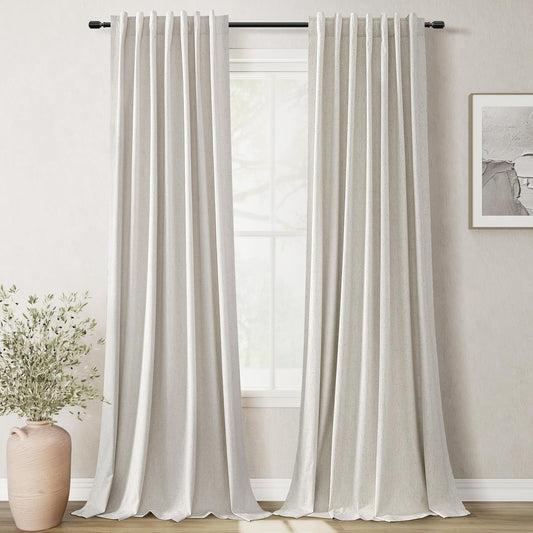 BOODII Room Darkening Curtains 120 Inch Back Tab Thermal Insulated Black Out Linen Drapes Extra Long Blackout Curtains for Patio Door Large Window Ceiling to Floor Light Blocking Natural Cream 52x120