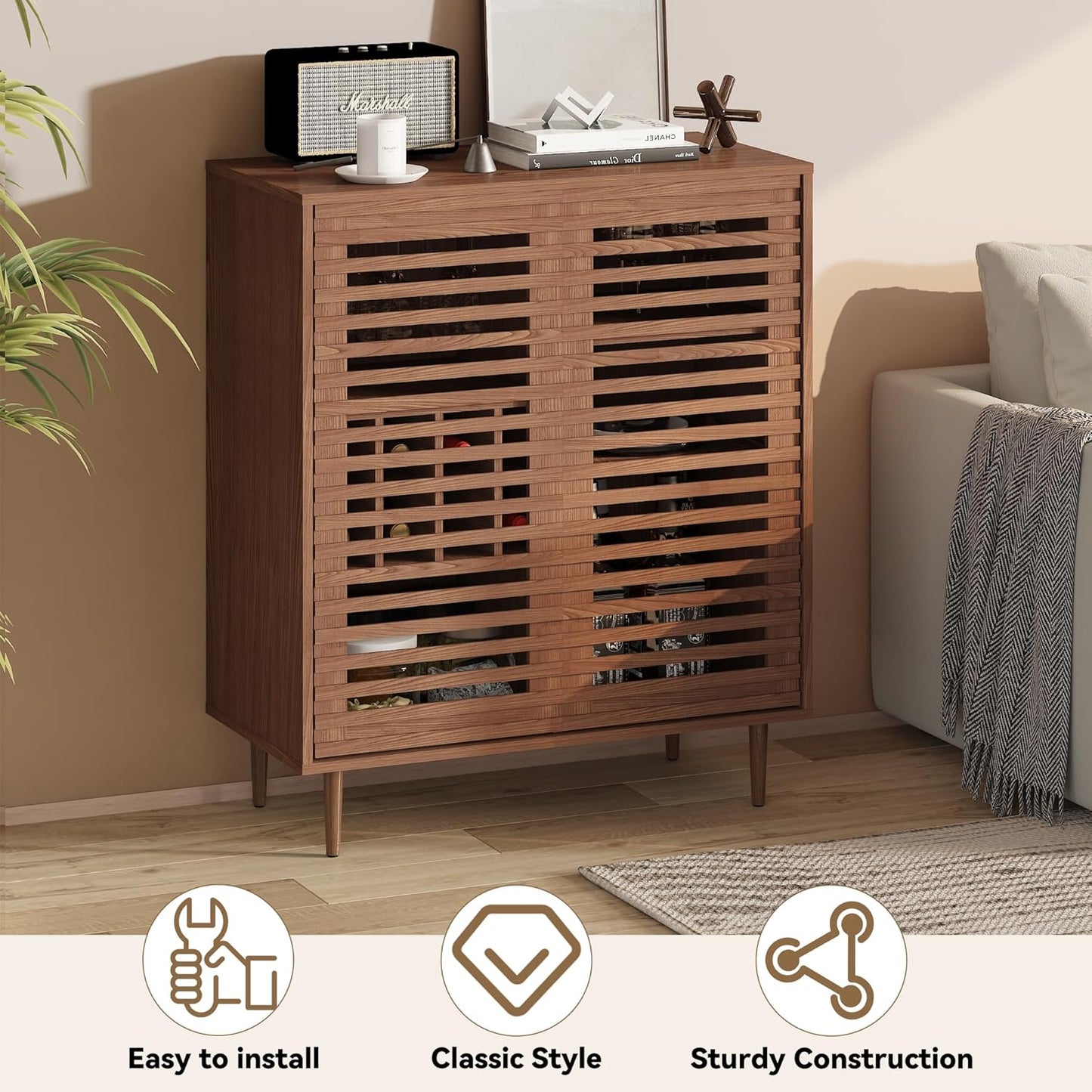 Mid Century Bar Cabinet with Wine Racks, Modern Liquor Cabinet with Slatted Doors for Dining Room, Living Room (Walnut Color)