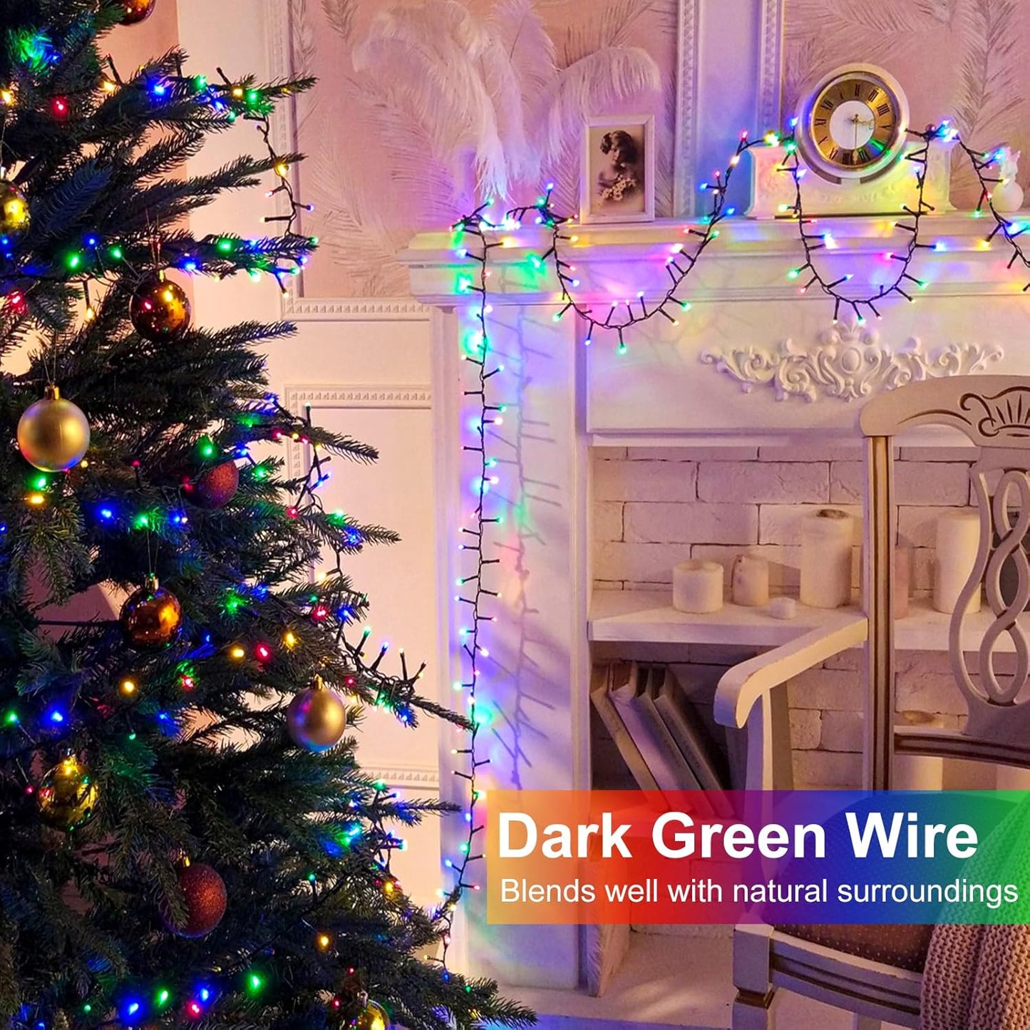 2 Pack Christmas Lights Outdoor, Total 200FT 600LED Christmas String Lights Waterproof, Green Wire Twinkle Tree Lights for Indoor Patio Party Decorations, 1 Pack Warm White & 1 Pack Multicolor
