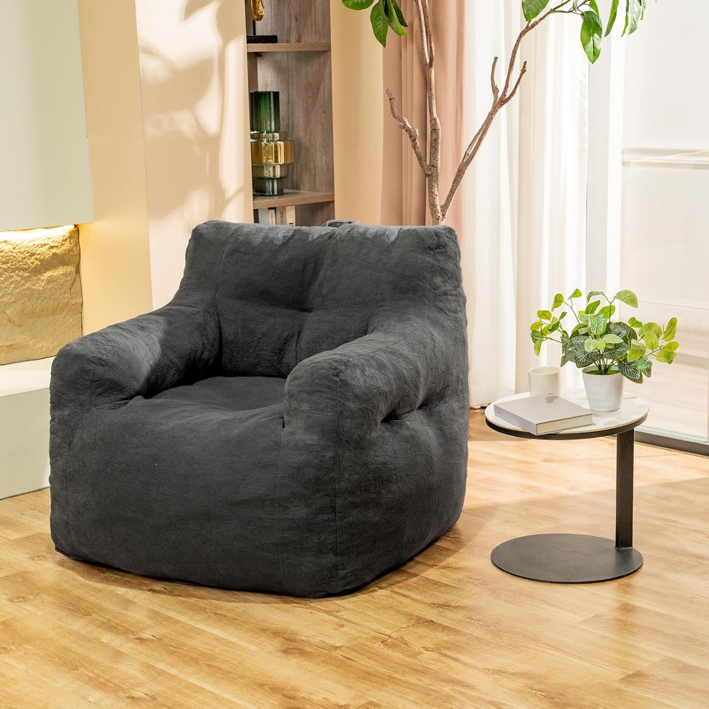 Bean Bag Chairs for Adults Ergonomic Support Reading Floor Sofa Chair with Filler Spacious (Grey) (Standard)