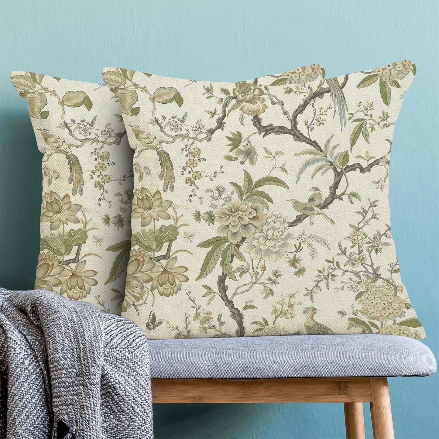 CXMEIFLY Spring Floral Birds Pillow Covers 20 x 20 Inch Set of 2 for Chinoiserie Flowers Decor Throw Pillows Sage Green Plant Outdoor Decorative Cushion Cases for Couch Bed Decorations