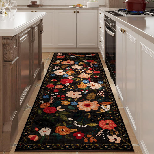 Runner Rug for Hallways Kitchen Rug Non Slip 2'x 6' Washable Runner Rugs with Rubber Backing Soft Floral Carpet Runner for Hallways, Kitchen, Laundry, Bedroom, Bathroom(Black)