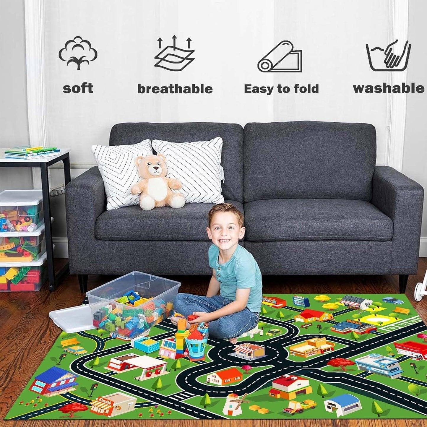 Kids Rug Car Rugs for Kids Toy Cars Play Mat with Rubber Backing City Life Road Rug for Cars Fun City Map for Carpet for Bedroom Boys (RED-Rug, 5.2x7.9ft)