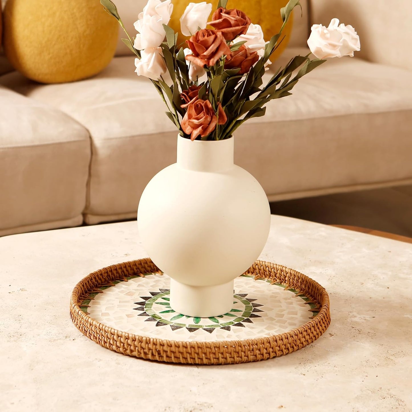 Round Rattan Tray with Mother of Pearl Inlay & Wooden Base - Decorative Wicker Serving Tray for Coffee/Bread/Fruits, Food Storage & Display - Multipurpose Home Decor (L,Bohemia)